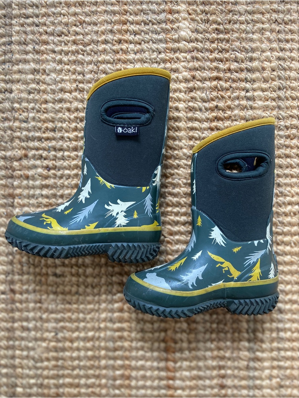OAK Kids' Forest Print Neoprene Rain/Snow Boots in Olive/Yellow